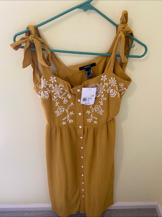 Forever 21 Dresses & Skirts - Forever 21 Mustard Yellow Embroidered Tie-Shoulder Button-Front Dress